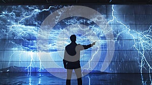 A meteorologist stands in front of a lifesize hologram of a thunderstorm pointing to lightning strikes and rainfall photo