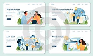 Meteorologist web banner or landing page set. Weather forecaster studying