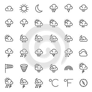 Meteorology symbols and weather vector thin line icons set photo