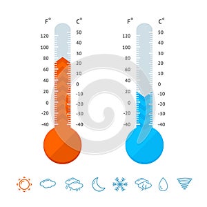 Meteorology Thermometer Set and Weather Icons. Vector