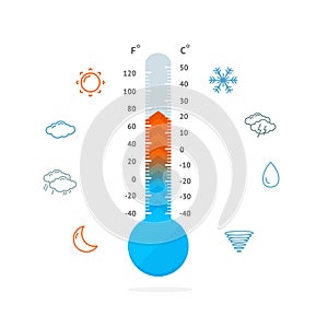 Meteorology Thermometer and Weather Icons. Vector photo