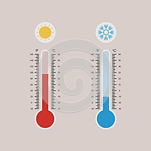 Meteorology thermometers measuring heat and cold, with sun and snowflake icons. Celsius and Fahrenheit
