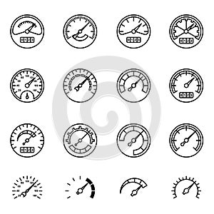 Meter Black icons set. Symbols of speedometers, manometers, tachometers etc. Line Style stock vector.