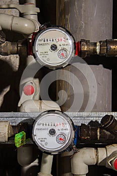 Water flow meter. Several cubic meters on the screen