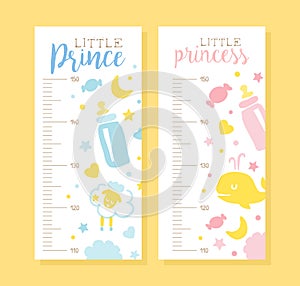 Meter Wall Height Chart in Pastel Colors Set , Prince and Princess Stadiometer Cartoon Vector Illustration photo