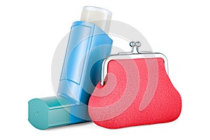 Metered-dose inhaler, MDI with coin purse. 3D rendering