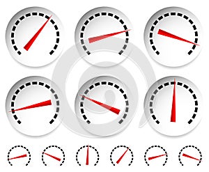 Meters, dials with red pointer. Speedometer, manometer, pressure