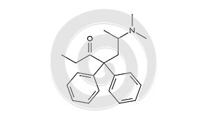 methadone molecule, structural chemical formula, ball-and-stick model, isolated image dolophine