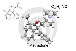 Chemical formula, skeletal formula and 3D ball-and-stick model of synthetic opioid agonist methadone photo