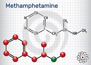 Methamphetamine crystal meth, C10H15N molecule. Structural che