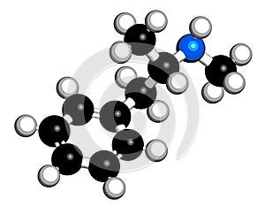 Methamphetamine crystal meth, methamfetamine stimulant drug molecule. 3D rendering. Atoms are represented as spheres with.