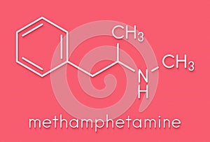 Methamphetamine crystal meth, methamfetamine stimulant drug molecule. Skeletal formula.