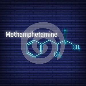 Methamphetamine glow neon style concept chemical formula icon label, text font vector illustration, isolated on wall background.