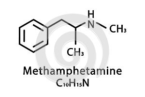 Methamphetamine molecular structure. Methamphetamine skeletal chemical formula. Chemical molecular formula vector