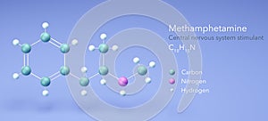 methamphetamine molecule, molecular structures, cns stimulant, 3d model, Structural Chemical Formula and Atoms with Color Coding