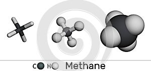 Methane CH4 molecule. Various 3D molecular models on a white background. 3D rendering photo