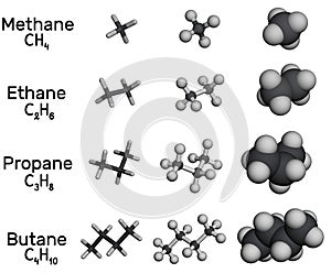 Methane, ethane, propane, butane alkane molecule. Various 3D molecular models on a white background. 3D rendering photo