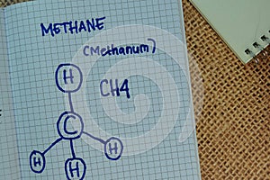 Methane Methanum write on a book. Structural chemical formula. Education concept