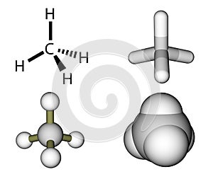 Methane structural formula and molecular models