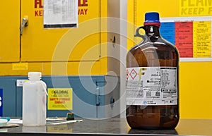 Methanol bottle on a science lab table.