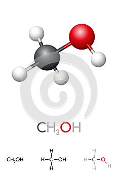 Methanol, CH3OH, molecule model and chemical formula of methyl alcohol