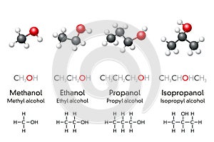 Methanol, ethanol, propanol and isopropanol, molecular models and chemical formulas
