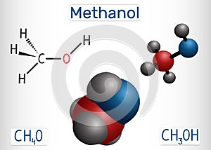 Methanol, methyl alcohol, molecule. Sugar substitute and E951. Structural chemical formula and molecule model