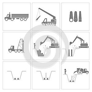 Method statement of construction pile driving and foundation work icons, Vector, Illustration