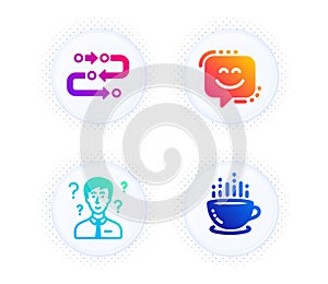 Methodology, Smile face and Support consultant icons set. Coffee cup sign. Vector