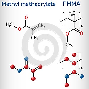 Methyl methacrylate, MMA and polymethyl methacrylate , PMMA molecule. Methyl methacrylate is monomer  for the production of PMMA photo