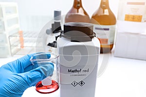 Methyl red in bottle , chemical in the laboratory and industry