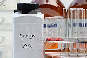 Methyl red in bottle , chemical in the laboratory and industry