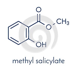 Methyl salicylate wintergreen oil molecule. Acts as rubefacient. Used as flavoring agent and fragrance. Skeletal formula.