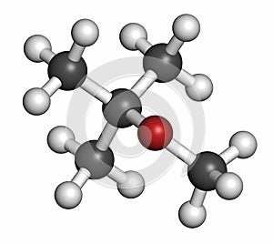 Methyl tert-butyl ether (MTBE, tBME) gasoline additive molecule. Atoms are represented as spheres with conventional color coding:
