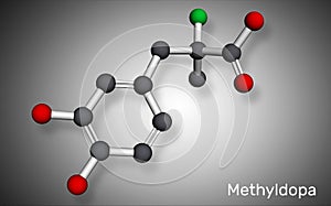 Methyldopa molecule. Antihypertensive, antihypertensive, sympatholytic agent. It is an analog of DOPA. Molecular model. 3D