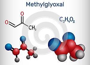 Methylglyoxal, MGO, pyruvaldehyde, pyruvic aldehyde molecule. It is used as flavoring agent, and in tanning. Structural photo
