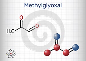 Methylglyoxal, MGO, pyruvaldehyde, pyruvic aldehyde molecule. It is used as flavoring agent, and in tanning. Structural photo