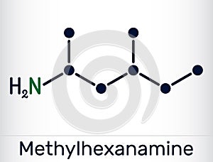 Methylhexanamine, methylhexamine, dimethylamylamine, DMAA molecule. It is alkylamine, indirect sympathomimetic drug. Skeletal