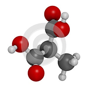 Methylmalonic acid molecule. Increased plasma levels may indicate vitamin B12 deficiency. 3D rendering. Atoms are represented as