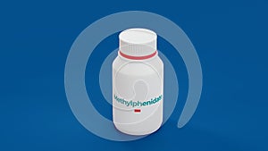 Methylphenidate pharmaceutical drug bottle on blue background. Central Nervous System stimulant. ADHD and narcolepsy treatment. 3d