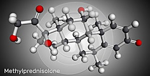 Methylprednisolone molecule. It is synthetic corticosteroid, prednisolone derivative glucocorticoid. Molecular model. 3D rendering