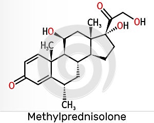 Methylprednisolone molecule. It is synthetic corticosteroid, prednisolone derivative glucocorticoid. Skeletal chemical formula