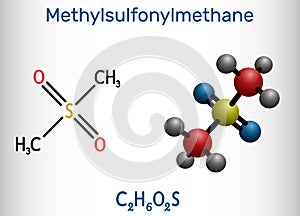 Methylsulfonylmethane, MSM, methyl sulfone, dimethyl sulfone molecule. Structural chemical formula and molecule model photo