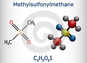 Methylsulfonylmethane, MSM, methyl sulfone, dimethyl sulfone molecule. Structural chemical formula and molecule model