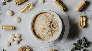 Methylsulfonylmethane Powder in White Ceramic Bowl with Capsules photo