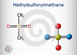 Methylsulfonylmethane, Structural chemical formula and molecule model. Sheet of paper in a cage photo