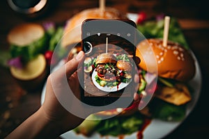 Meticulous Person taking photo tasty food. Generate Ai