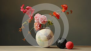 Meticulous Photorealistic Still Life: Vase Of Flowers And Spherical Sculpture