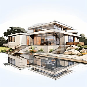 Meticulous Sketch Of A Modern House In Water: Detailed 3d Illustration