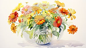 Meticulous Watercolor Painting Of Zinnia In A Vase With Photorealistic Style